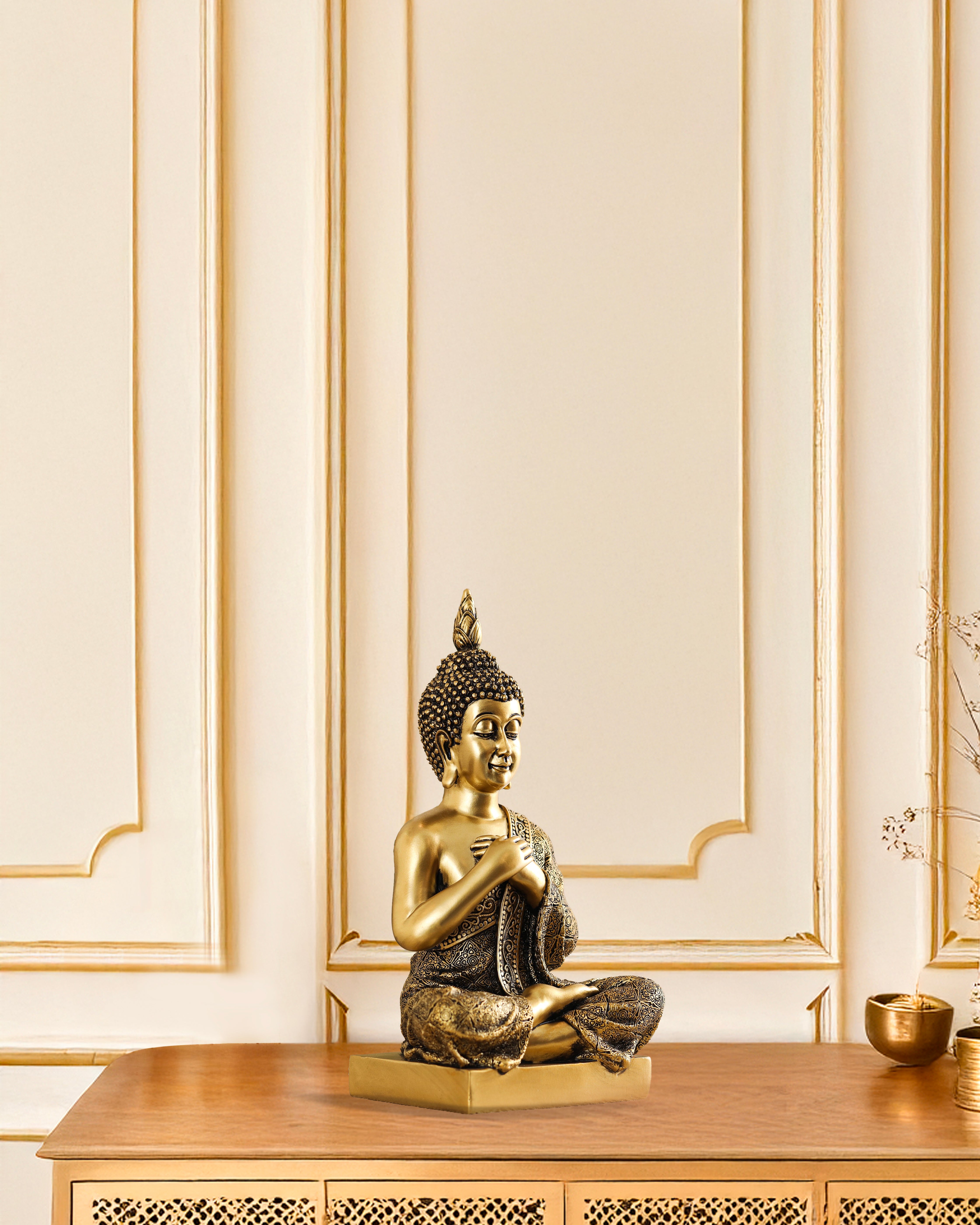 Alamkari India Polyresin Ornate Joyful Sitting Buddha Figurine (Large)
