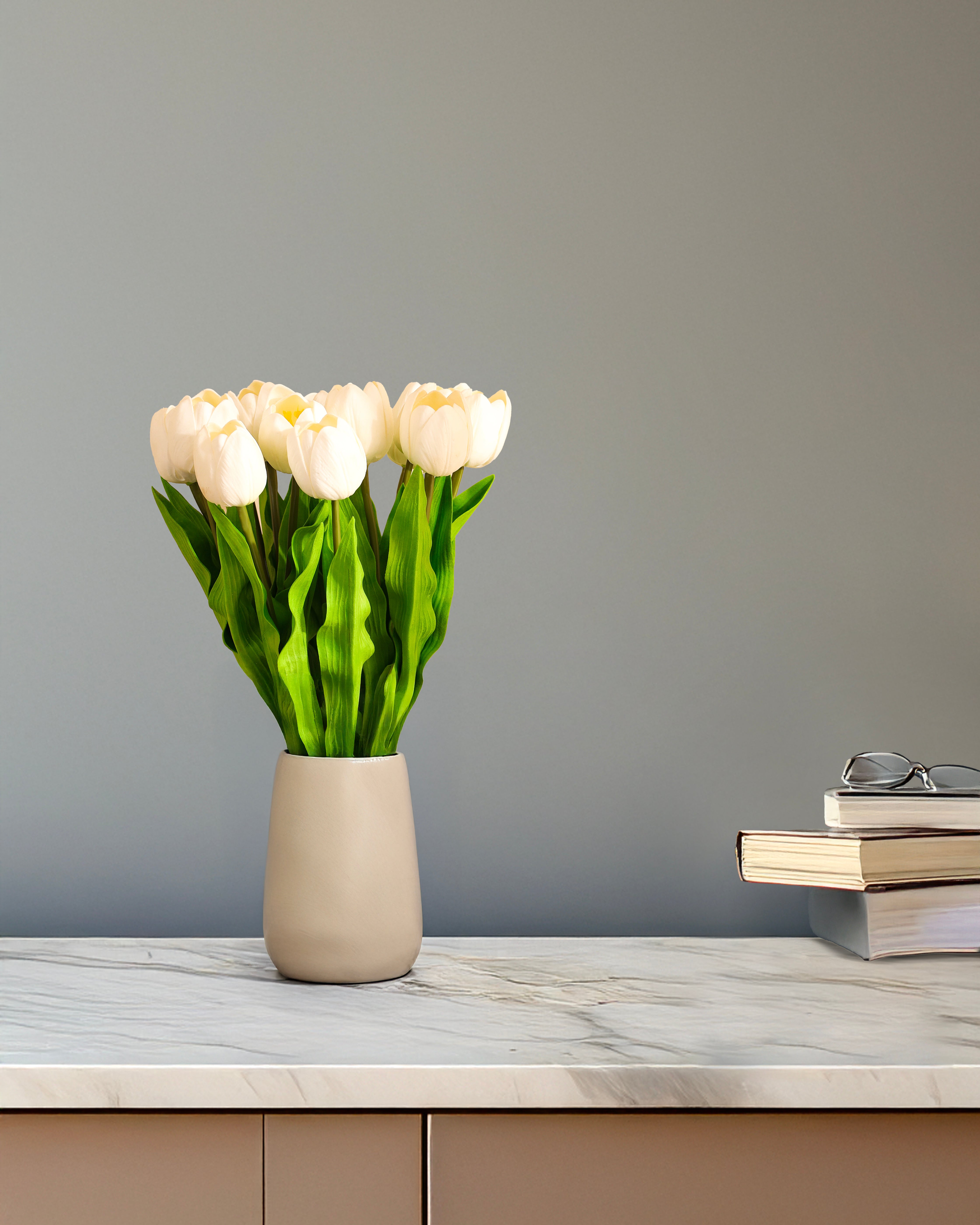Alamkari India Polyurethane Artificial Tulip Flower Sticks (5 Sticks, 50 cm, White)