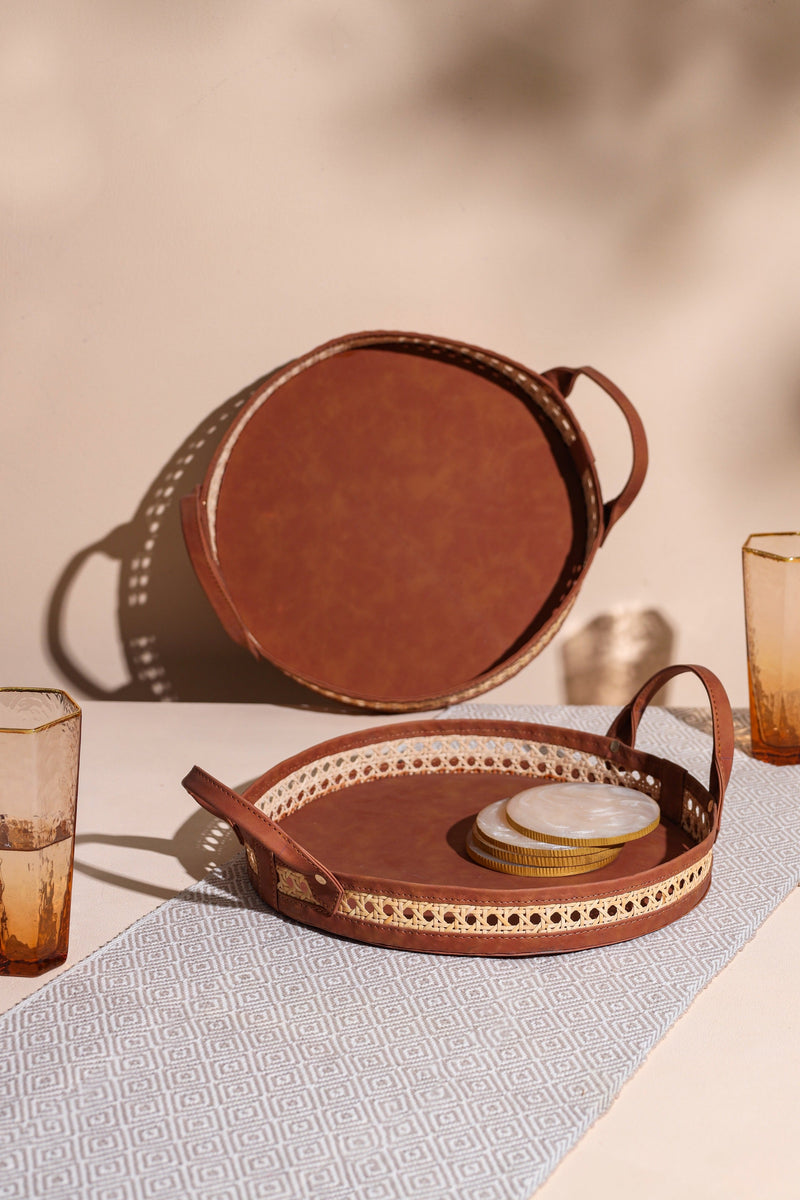 Alamkari India Rattan Hand-woven Round Rattan Cane Storage Tray with Handle