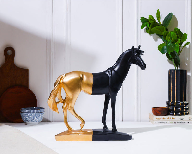 Alamkari India Resin Black and Gold Horse Sculpture