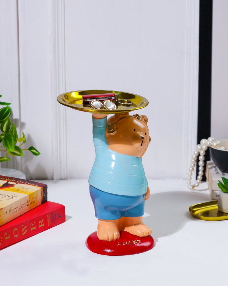 Alamkari India Resin Lucky Luminary Blue Teddy with Tray