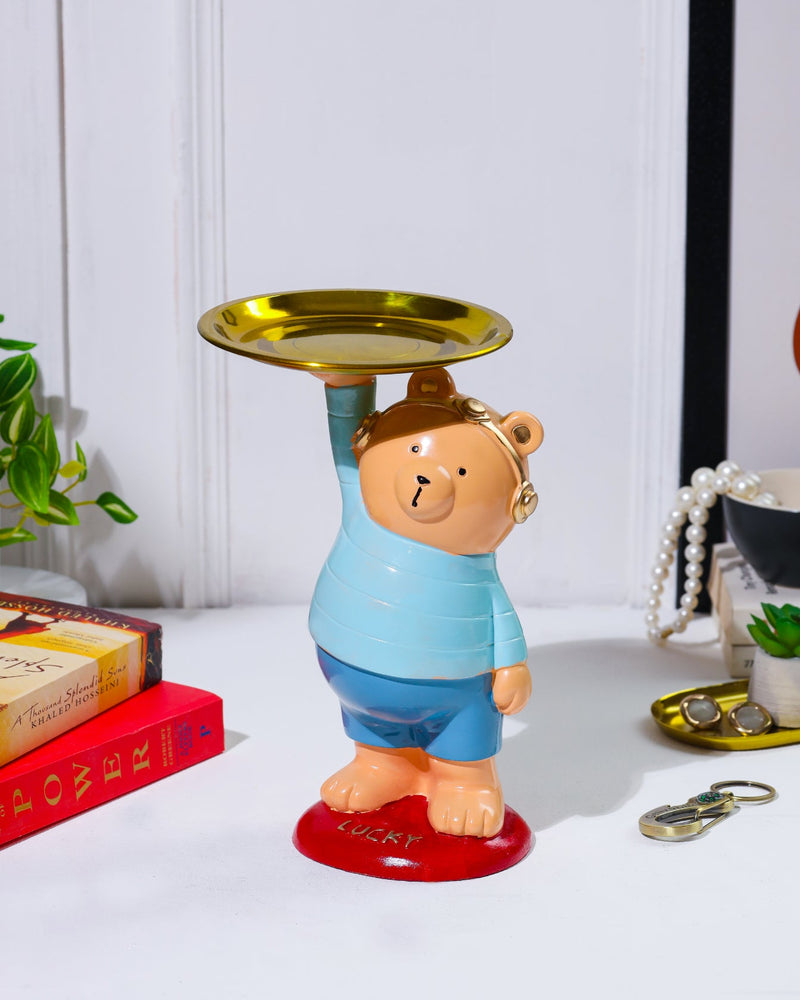 Alamkari India Resin Lucky Luminary Blue Teddy with Tray