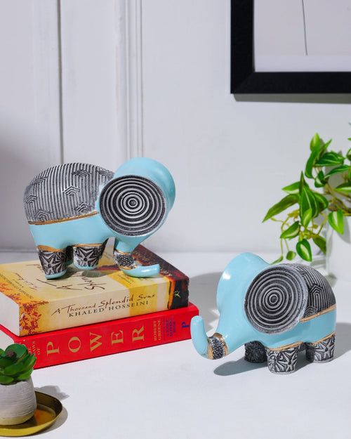 Alamkari India Resin Spiral Head Elephant Sculpture Set Blue
