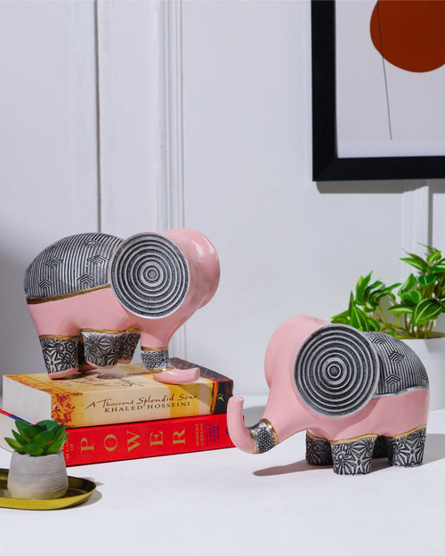 Alamkari India Resin Spiral Head Elephant Sculpture Set Pink