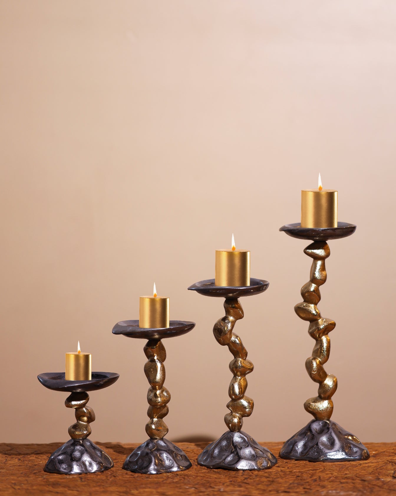 Alamkari India Rustic Stone & Metal Candle Holder Set
