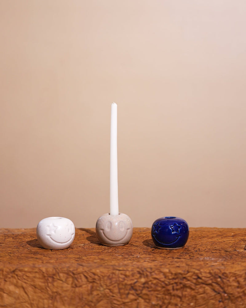 Alamkari India Smiling Face Ceramic Candle Holder Set
