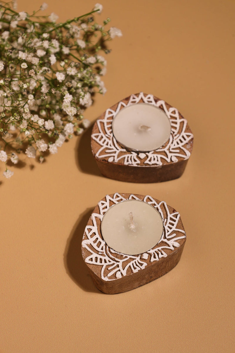 Alamkari India Variety Pack of Block Print Wooden Tealight Holders