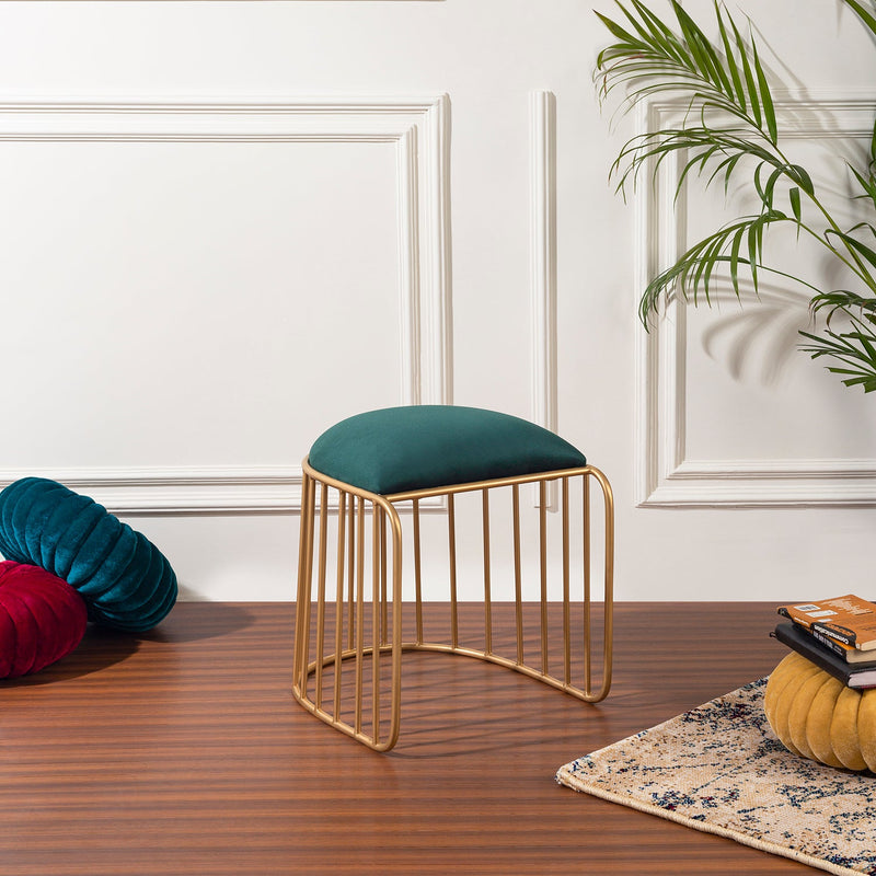 Alamkari India Velvet Green U-Shaped Ottoman Stool with Gold Iron Frame