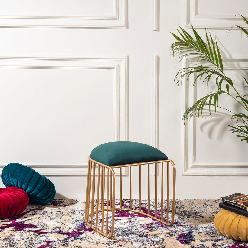 Alamkari India Velvet Green U-Shaped Ottoman Stool with Gold Iron Frame