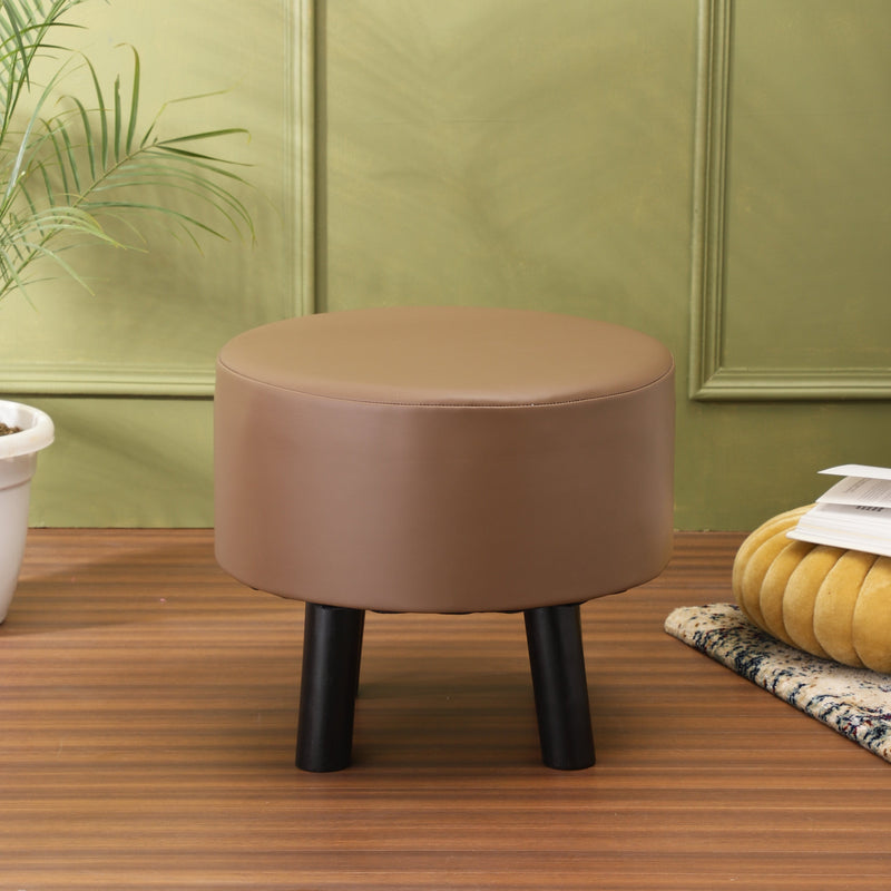 Alamkari India Wood / Faux leather Faux Leather Brown Round Ottoman Stool with Black Legs