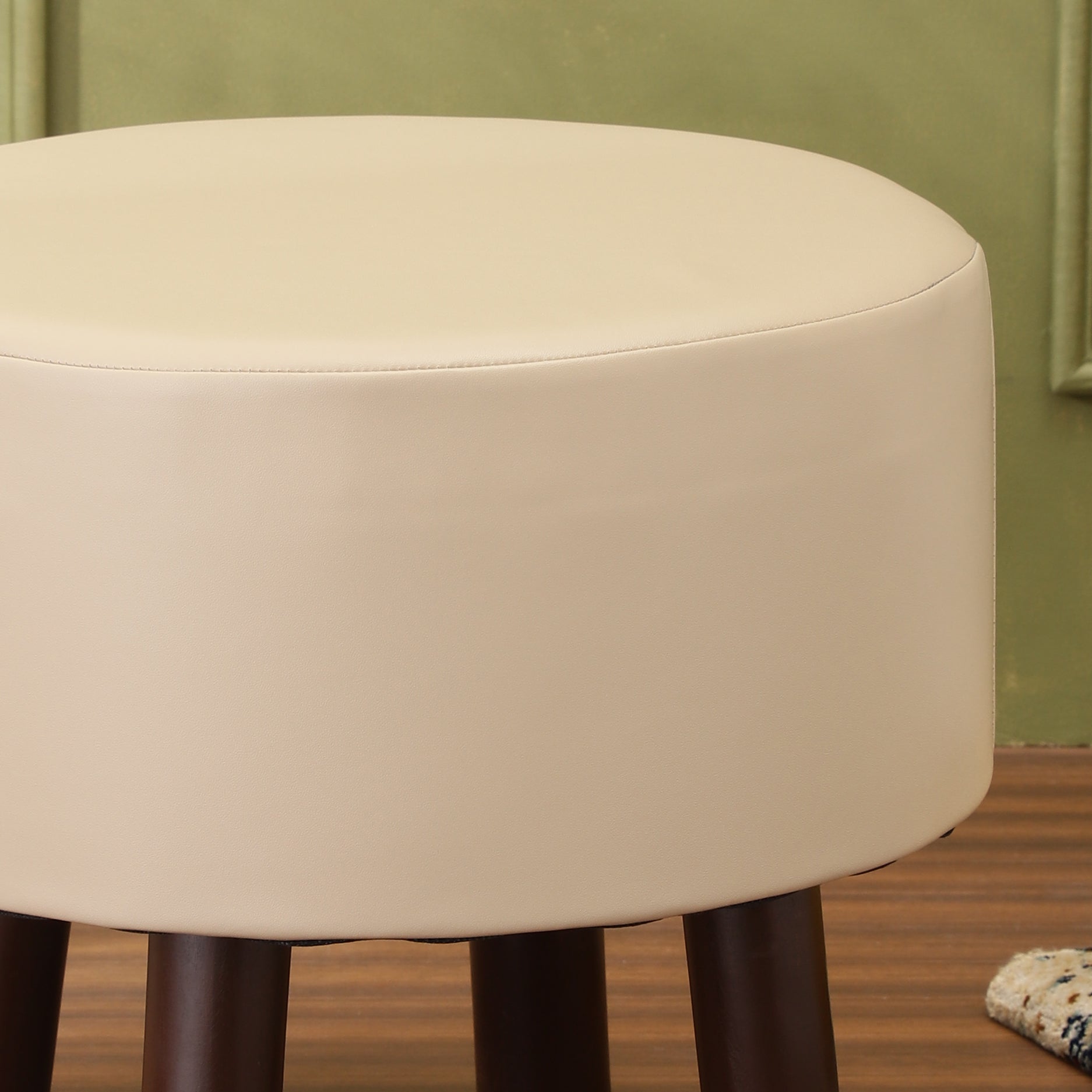Alamkari India Wood / Faux leather Faux Leather Cream Round Ottoman Stool with Brown Legs