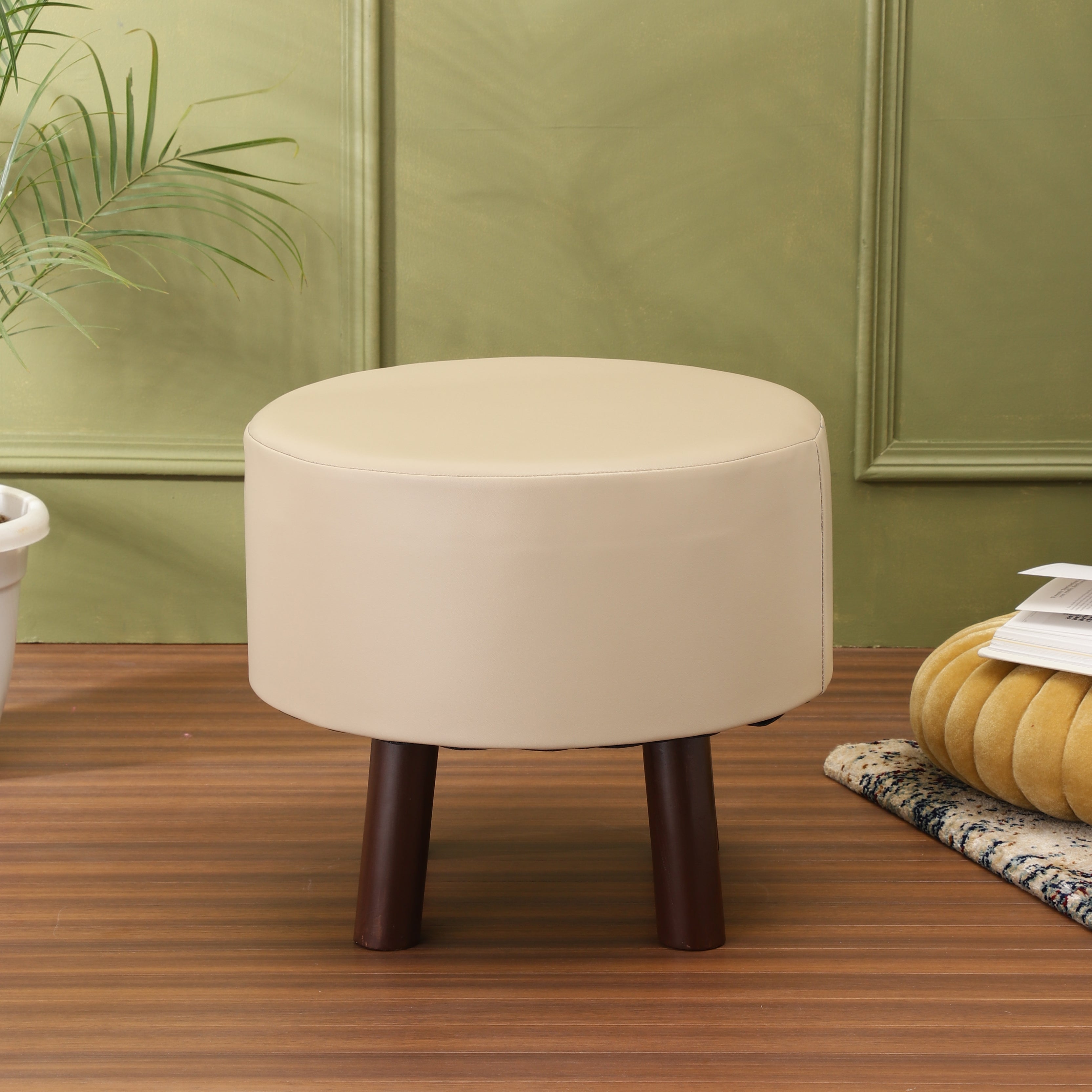 Alamkari India Wood / Faux leather Faux Leather Cream Round Ottoman Stool with Brown Legs