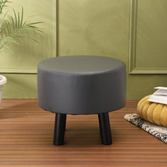 Alamkari India Wood / Faux leather Faux Leather Dark Grey Round Ottoman Stool with Black Legs