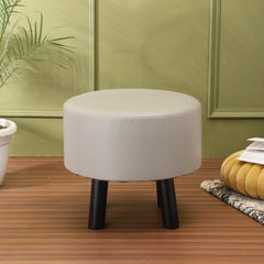 Alamkari India Wood / Faux leather Faux Leather Light Grey Round Ottoman Stool with Black Legs