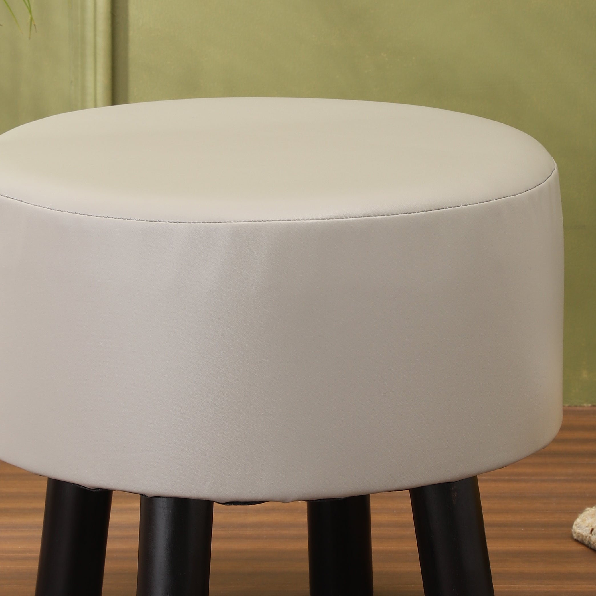Alamkari India Wood / Faux leather Faux Leather Light Grey Round Ottoman Stool with Black Legs