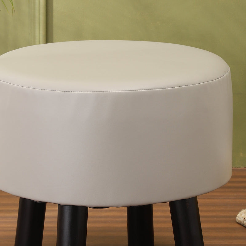 Alamkari India Wood / Faux leather Faux Leather Light Grey Round Ottoman Stool with Black Legs