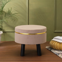 Alamkari India Wood / Velvet Beige Velvet Round Ottoman Stool with Gold Trim & Black Legs