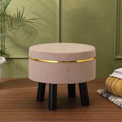 Alamkari India Wood / Velvet Beige Velvet Round Ottoman Stool with Gold Trim & Black Legs