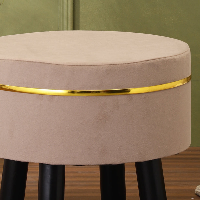 Alamkari India Wood / Velvet Beige Velvet Round Ottoman Stool with Gold Trim & Black Legs