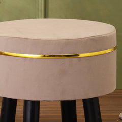 Alamkari India Wood / Velvet Beige Velvet Round Ottoman Stool with Gold Trim & Black Legs