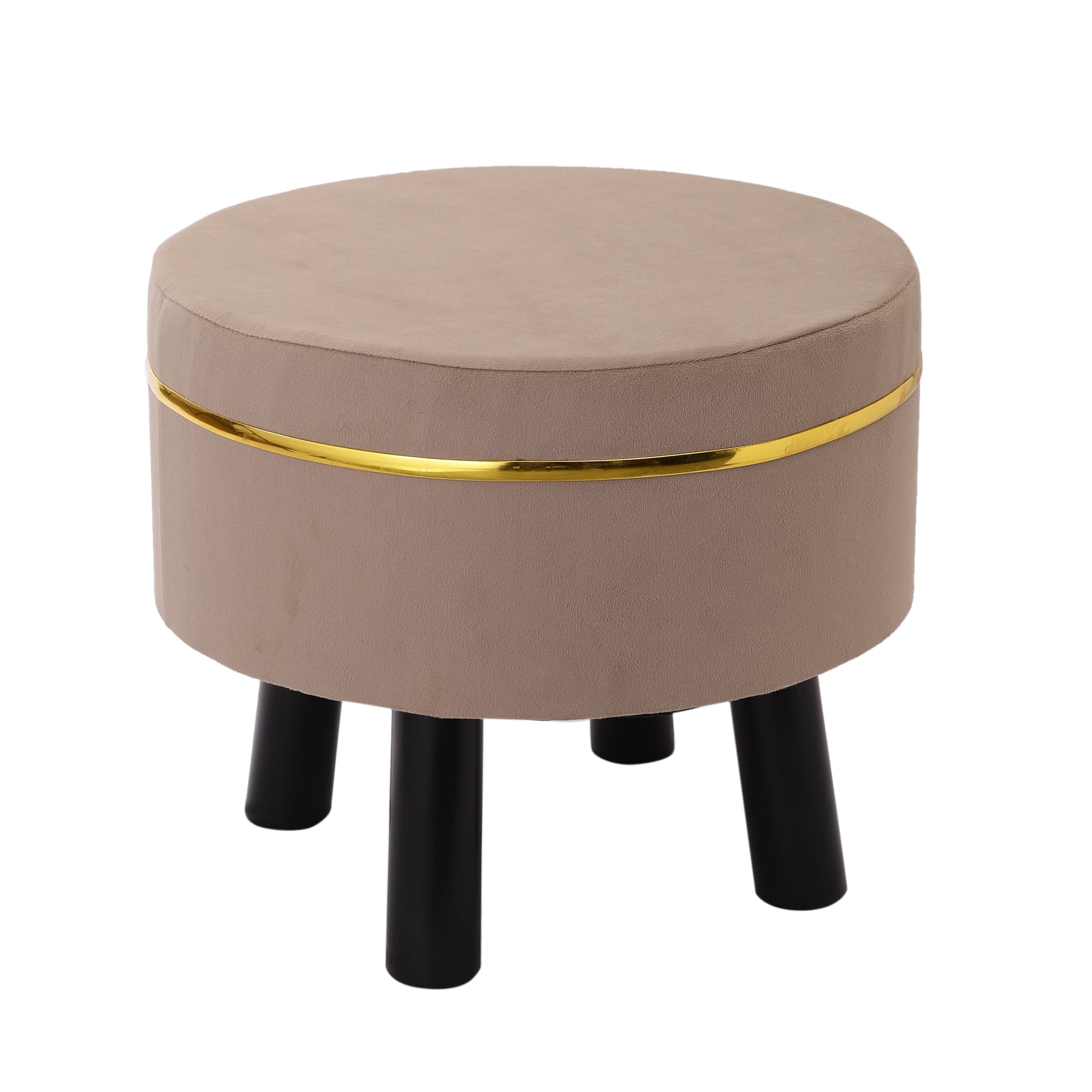Alamkari India Wood / Velvet Beige Velvet Round Ottoman Stool with Gold Trim & Black Legs