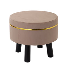 Alamkari India Wood / Velvet Beige Velvet Round Ottoman Stool with Gold Trim & Black Legs