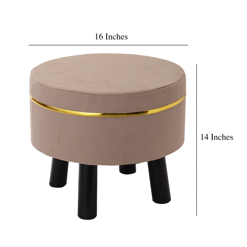 Alamkari India Wood / Velvet Beige Velvet Round Ottoman Stool with Gold Trim & Black Legs
