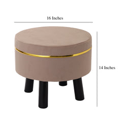 Alamkari India Wood / Velvet Beige Velvet Round Ottoman Stool with Gold Trim & Black Legs