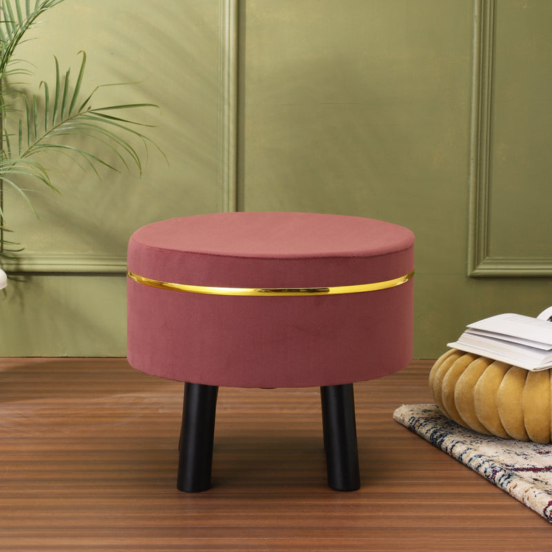 Alamkari India Wood / Velvet Velvet Mauve Round Ottoman Stool with Gold Trim & Black Legs