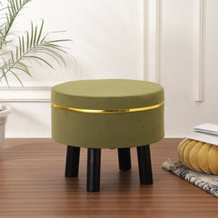 Alamkari India Wood / Velvet Velvet Olive Green Round Ottoman Stool with Gold Trim & Black Legs
