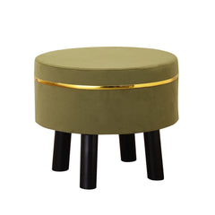 Alamkari India Wood / Velvet Velvet Olive Green Round Ottoman Stool with Gold Trim & Black Legs