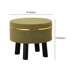 Alamkari India Wood / Velvet Velvet Olive Green Round Ottoman Stool with Gold Trim & Black Legs