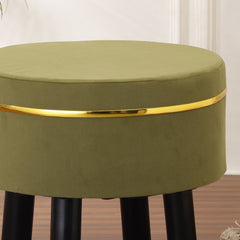 Alamkari India Wood / Velvet Velvet Olive Green Round Ottoman Stool with Gold Trim & Black Legs