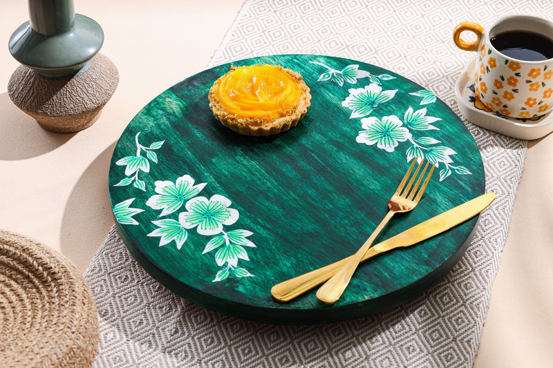 Alamkari India Wooden Handpainted Floral 360 Rotating Wooden Platter