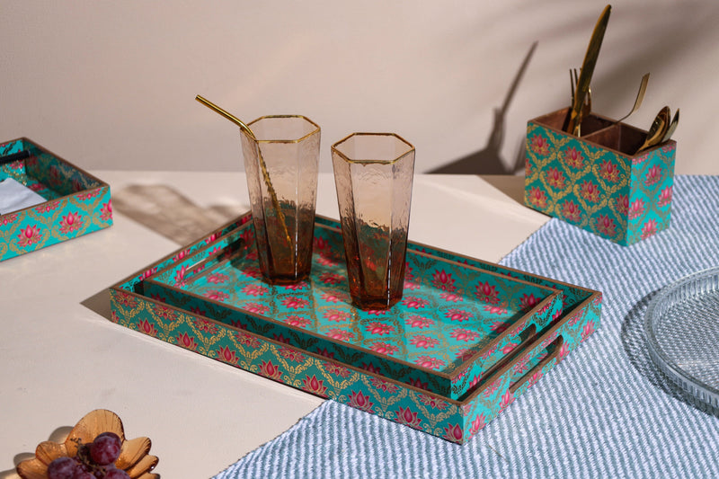 Alamkari India Wooden Lotus Print Set of 4 Tray