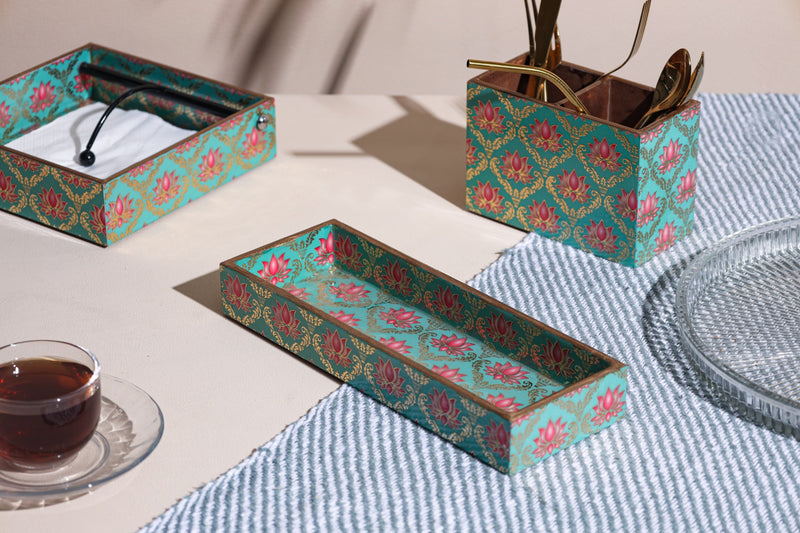Alamkari India Wooden Lotus Print Set of 4 Tray