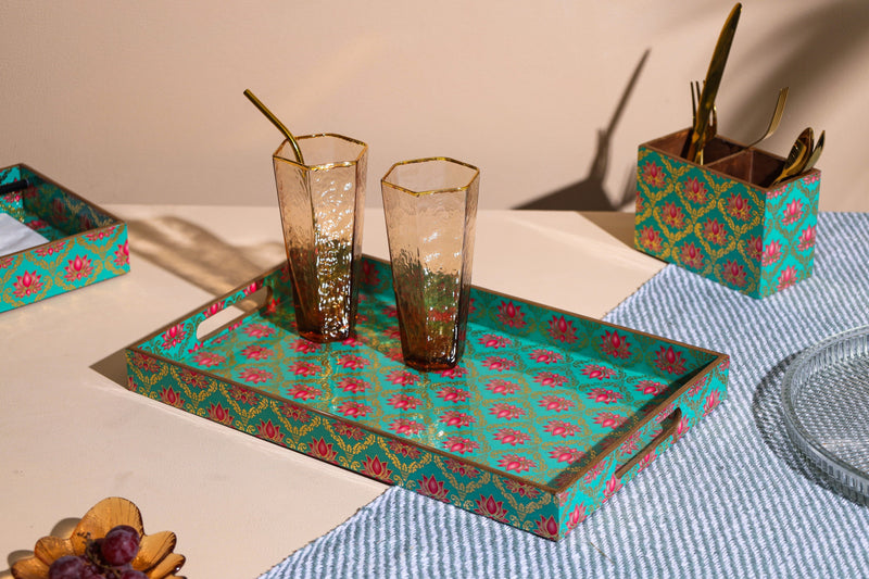 Alamkari India Wooden Lotus Print Set of 4 Tray