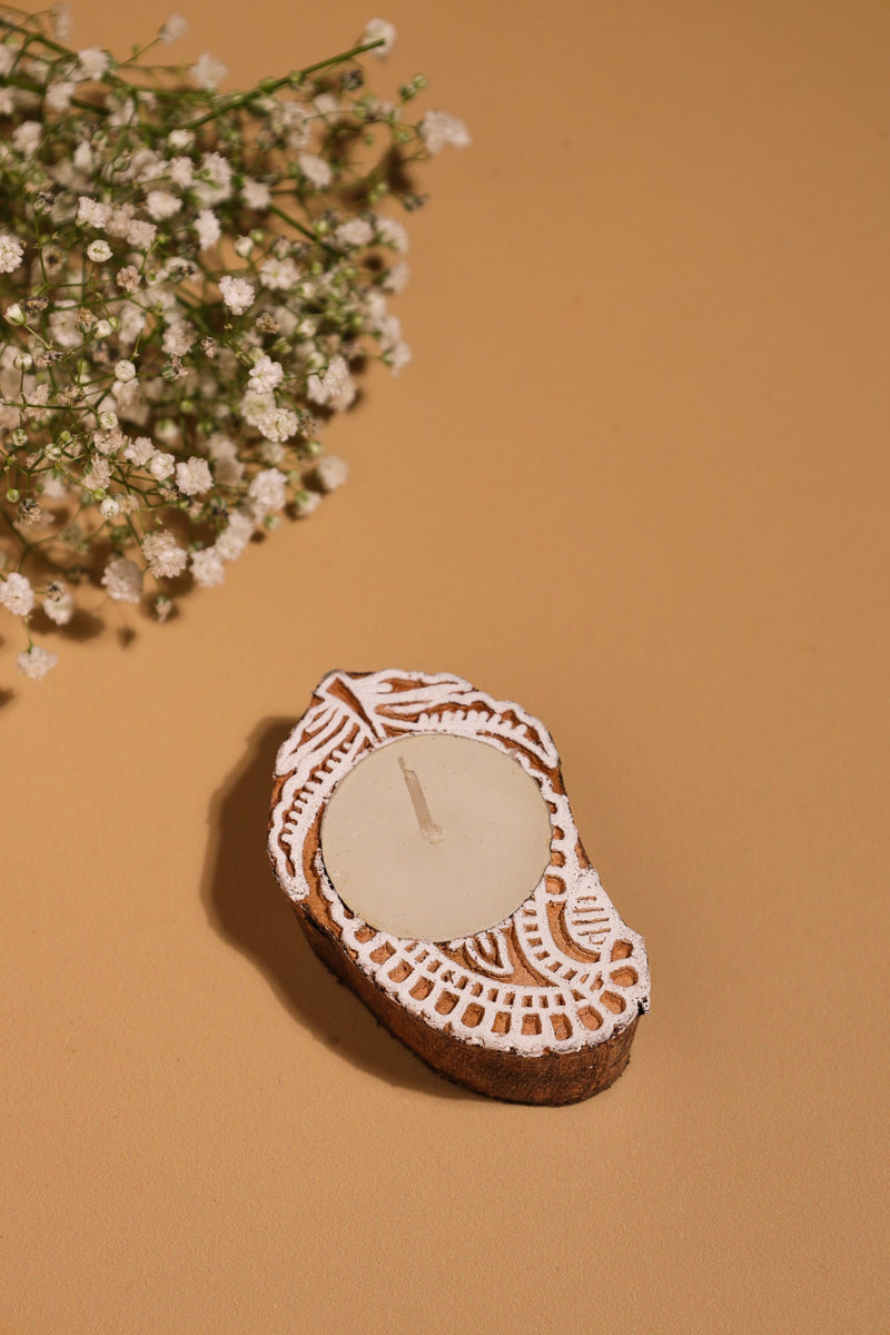 Alamkari India Wooden Paisley Block Print Wooden Tealight Holder