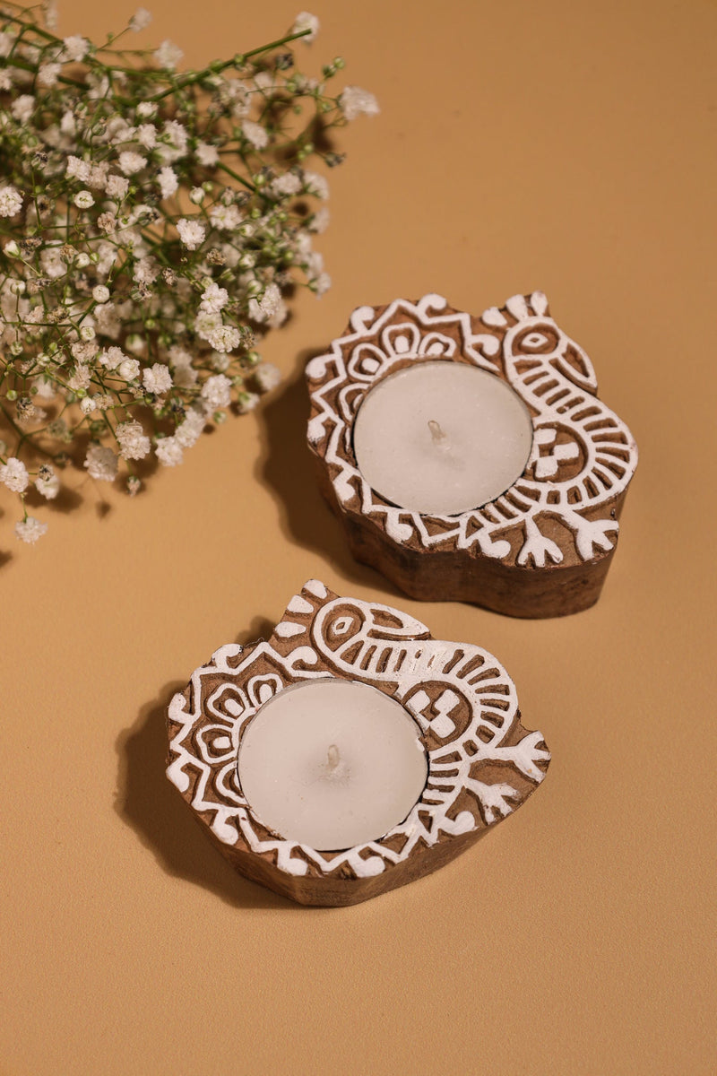 Alamkari India Wooden Peacock Block Print Wooden Tealight Holder