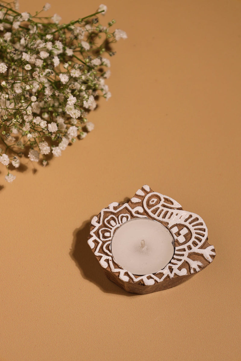 Alamkari India Wooden Peacock Block Print Wooden Tealight Holder