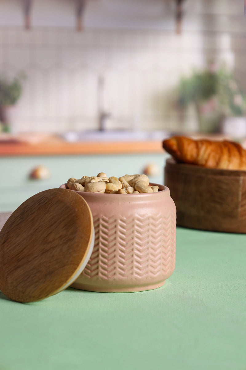 Alamkari India Zig Zag Patterned Ceramic Jars with Wooden Lids