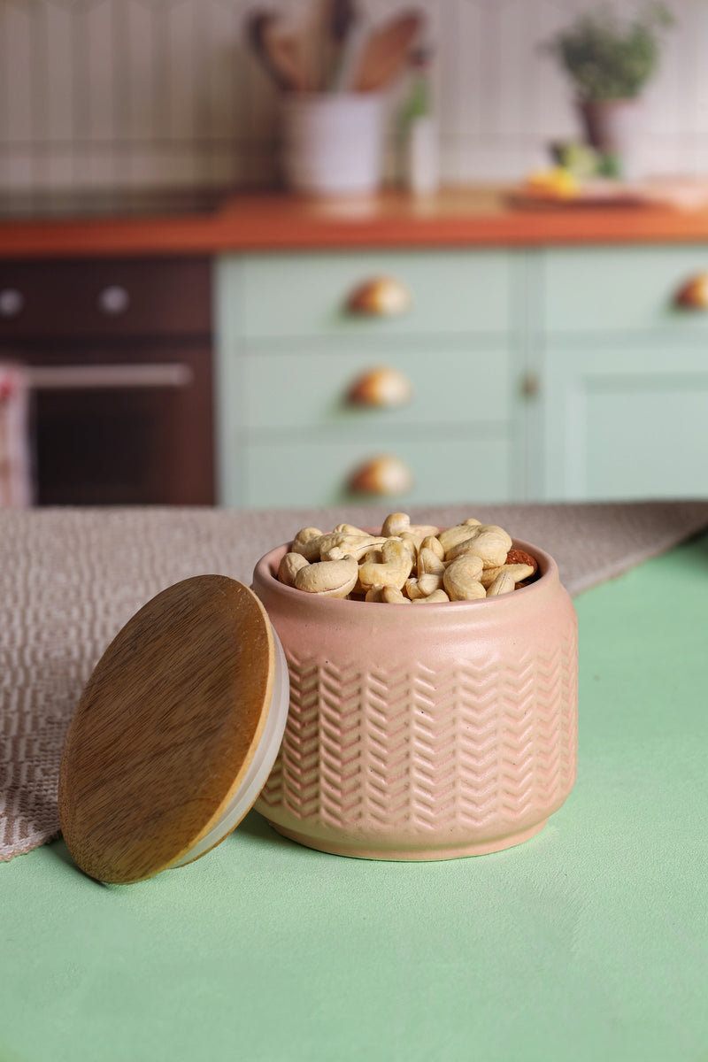 Alamkari India Zig Zag Patterned Ceramic Jars with Wooden Lids